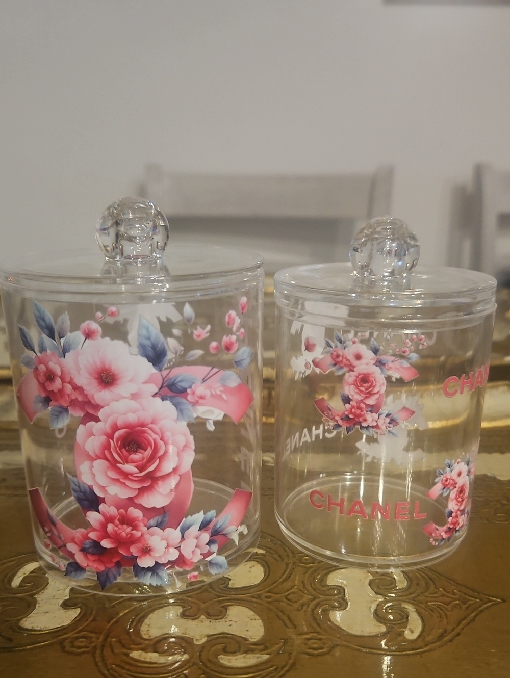 Clear Canister Set with Pink Floral Print New